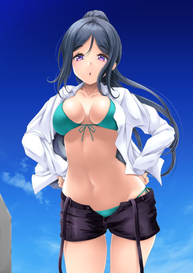 1girl :o =o aqua_bikini bangs bikini blue_hair blue_sky blush breasts breasts_apart collarbone dress_shirt eyebrows_visible_through_hair frapowa front-tie_bikini front-tie_top hair_between_eyes hands_on_hips high_ponytail large_breasts long_hair long_sleeves looking_at_viewer love_live! love_live!_sunshine!! matsuura_kanan midriff navel open_clothes open_fly open_mouth open_pants open_shirt outdoors ponytail shirt shorts side-tie_bikini sidelocks sky solo swimsuit thigh-highs violet_eyes white_shirt