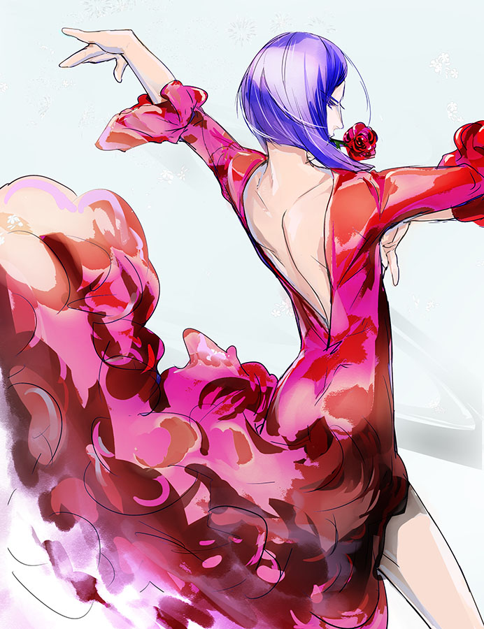 1boy back blue_background crossdressinging dancing dress fire_emblem fire_emblem:_three_houses floral_print flower intelligent_systems long_hair lorenz_hellman_gloucester nintendo purple_hair qgame rose solo spanish_clothes sparkle trap violet_eyes