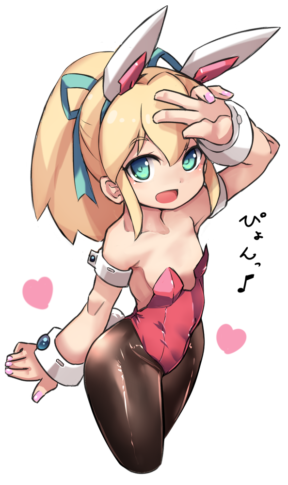 1girl blonde_hair bunnysuit green_eyes karukan_(monjya) long_hair looking_at_viewer nail_polish open_mouth rockman rockman_(classic) roll simple_background smile solo v white_background