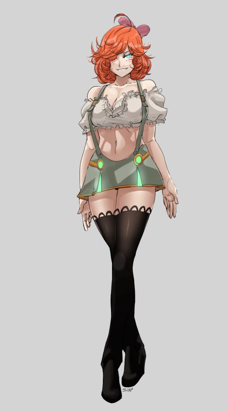 1girl android bare_shoulders boots bow freckles glowing glowing_eye green_eyes hair_over_one_eye looking_at_viewer midriff navel orange_hair penny_polendina rwby short_hair sinccubi skirt solo suspender_skirt suspenders tagme thigh-highs thigh_boots zettai_ryouiki