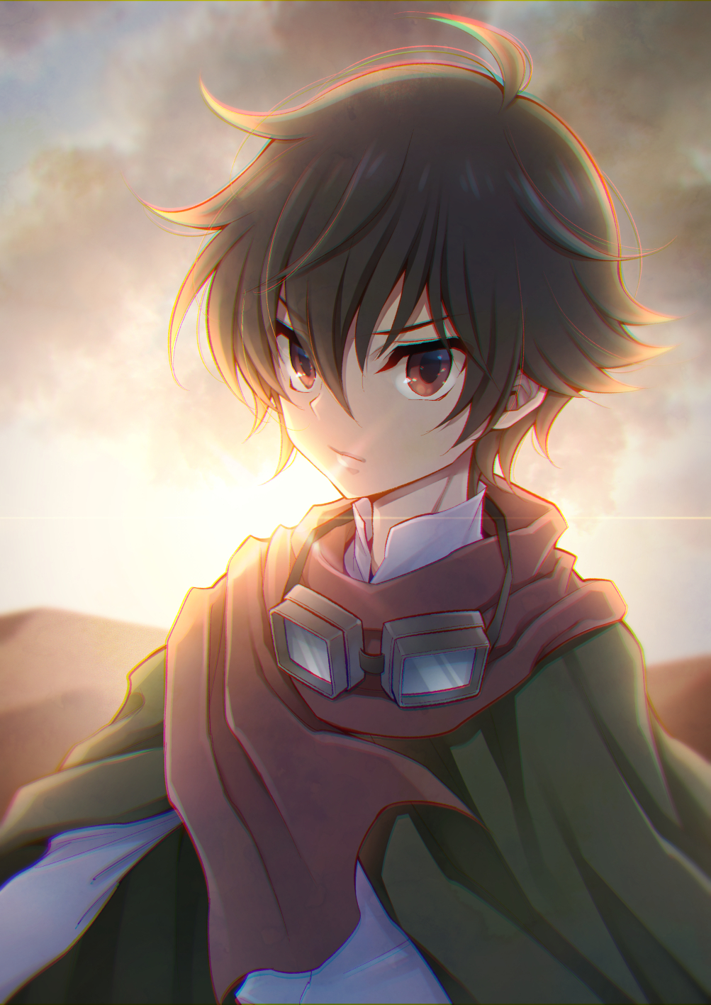 1boy ahoge bangs black_hair brown_hair cloak clouds cloudy_sky desert evplpl eyebrows_visible_through_hair goggles goggles_around_neck gundam gundam_00 highres long_sleeves looking_at_viewer male_focus serious setsuna_f._seiei short_hair sky solo sunset upper_body wavy_hair