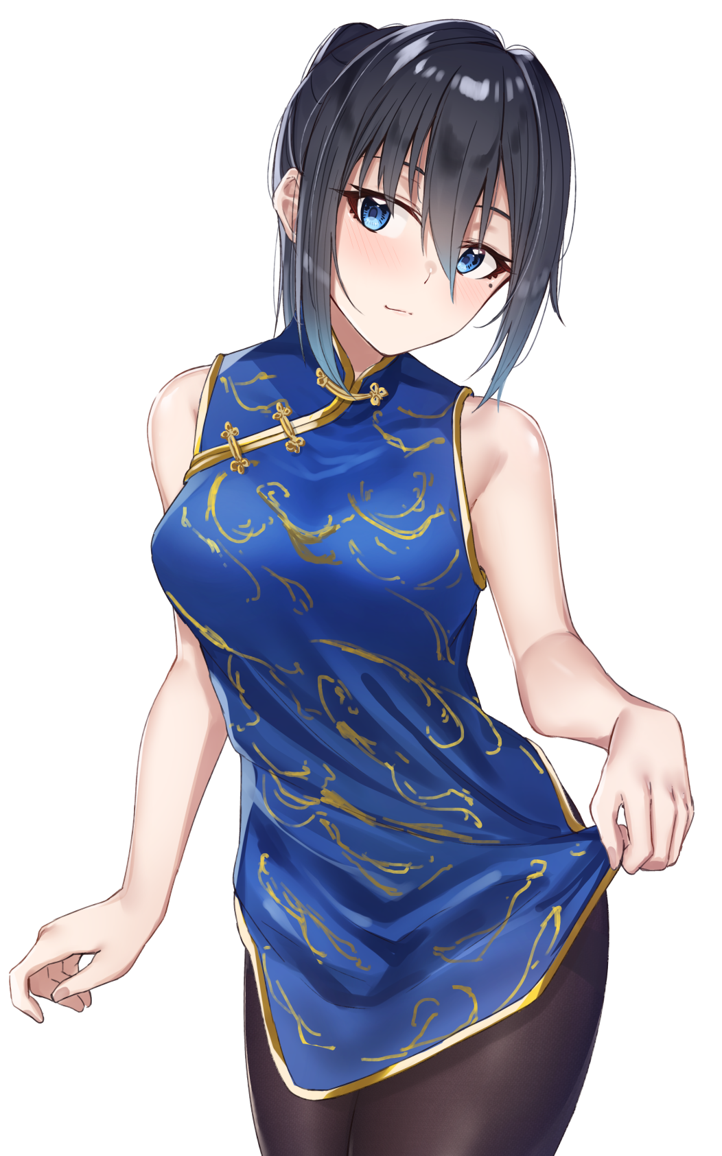 1girl bangs bare_arms bare_shoulders black_hair black_legwear blue_eyes blue_hair blush breasts china_dress chinese_clothes closed_mouth commentary_request dress eyebrows_visible_through_hair gradient_hair hair_between_eyes head_tilt highres medium_breasts mole mole_under_eye multicolored_hair original pantyhose simple_background skirt_hold sleeveless sleeveless_dress smile solo tapioka_(oekakitapioka) thighband_pantyhose white_background