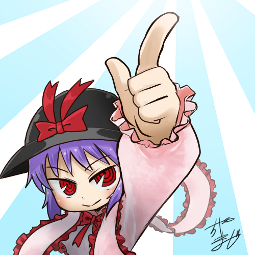 1girl avatar_icon black_headwear bow chamaji commentary_request eyebrows_visible_through_hair frilled_shawl frills hat hat_bow hat_ribbon index_finger_raised light_rays long_sleeves lowres nagae_iku partial_commentary purple_hair red_eyes ribbon shawl signature smile solo touhou white_background