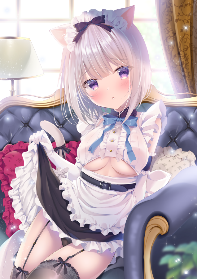 1girl animal_ear_fluff animal_ears apron backlighting belt belt_buckle black_belt black_bow black_panties black_skirt blush bow breasts buckle cat_ears cat_girl cat_tail center_frills commentary_request couch curtains day frilled_apron frilled_pillow frilled_skirt frills garter_straps grey_legwear hair_bow indoors lifted_by_self looking_at_viewer maid maid_headdress on_couch original panties parted_lips pillow shibainu_niki shirt short_hair silver_hair sitting skirt skirt_lift solo sunlight tail tail_bow thigh-highs under_boob underboob_cutout underwear violet_eyes white_apron white_shirt window