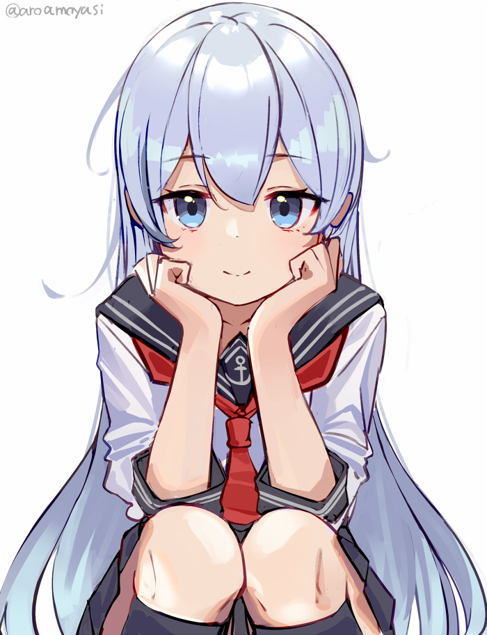 1girl black_legwear blue_eyes flat_cap hair_between_eyes hair_ornament hands_on_own_cheeks hands_on_own_face hat hibiki_(kantai_collection) kantai_collection long_hair long_sleeves looking_at_viewer moyasi3409854 neckerchief pleated_skirt school_uniform serafuku silver_hair simple_background sitting skirt smile solo squatting thigh-highs white_background