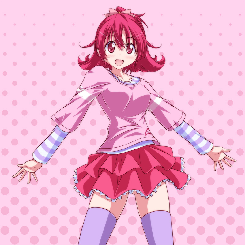 1girl aida_mana bangs dokidoki!_precure eyebrows_visible_through_hair frilled_skirt frills hair_ribbon half_updo kikuchi_tsutomu layered_skirt long_sleeves looking_at_viewer medium_hair miniskirt open_mouth pink_background pink_eyes pink_hair pink_ribbon pink_shirt pink_skirt polka_dot polka_dot_background precure purple_legwear purple_shirt ribbon shirt short_over_long_sleeves short_sleeves simple_background skirt smile solo standing striped striped_shirt t-shirt thigh-highs