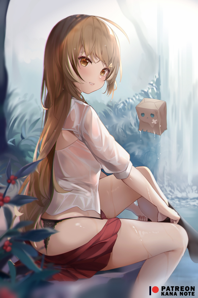 1girl adjusting_clothes adjusting_legwear bangs black_legwear black_panties brown_eyes brown_hair clothes_pull feet_out_of_frame friend_(nanashi_mumei) from_behind hololive hololive_english kananote kneehighs lingerie long_hair looking_at_viewer looking_back multicolored_hair nanashi_mumei panties parted_lips plant red_skirt shirt short_sleeves sitting skirt skirt_pull smile solo streaked_hair underwear very_long_hair virtual_youtuber wet wet_clothes white_hair white_shirt