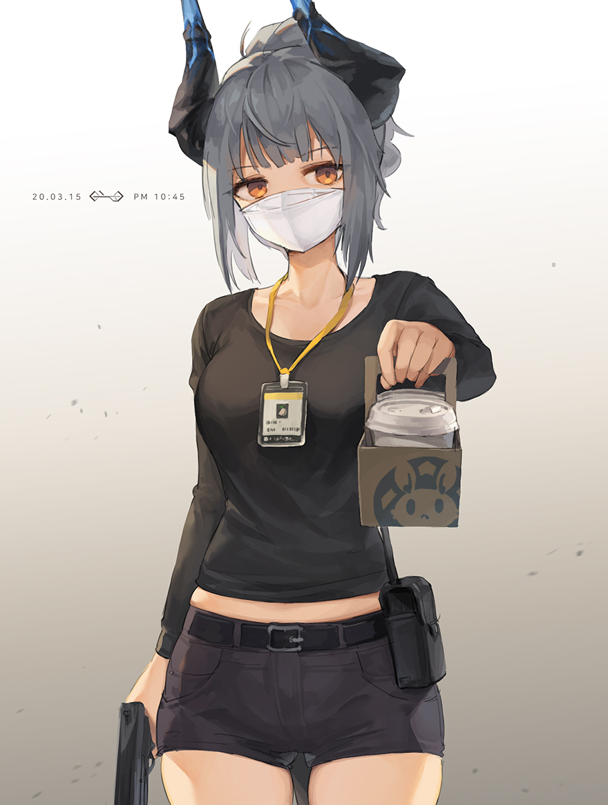 1girl arknights belt belt_buckle black_shirt black_shorts buckle commentary cowboy_shot cup gradient gradient_background grey_hair gun handgun holding holding_gun holding_weapon horns id_card jakoujika lanyard liskarm_(arknights) looking_at_viewer mask mouth_mask orange_eyes pistol pouch shirt short_hair short_shorts shorts solo weapon