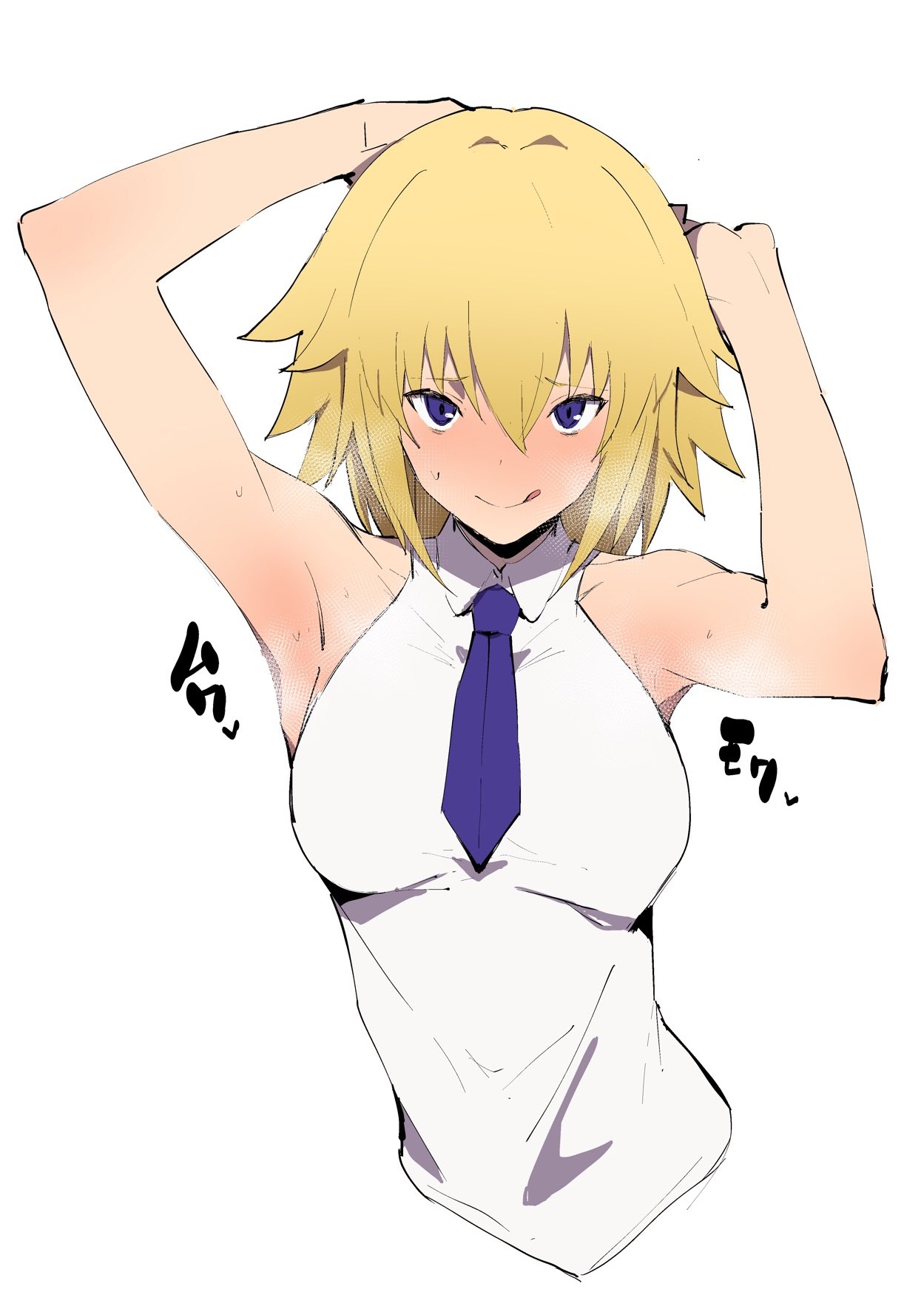 1girl armpits arms_behind_head arms_up bangs bare_shoulders blonde_hair blue_eyes blue_neckwear blush breasts closed_mouth collared_shirt fate/apocrypha fate_(series) hair_between_eyes highres jeanne_d'arc_(fate) jeanne_d'arc_(fate)_(all) jikatarou large_breasts licking_lips looking_at_viewer necktie shirt simple_background sleeveless sleeveless_shirt smile solo tongue tongue_out white_background