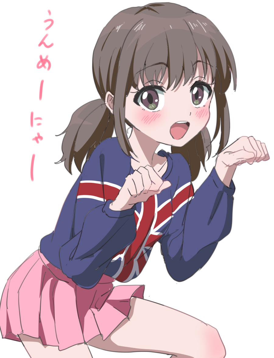 1girl :d bangs black_hair blue_shirt blush brown_eyes eyebrows_visible_through_hair flag_print hands_up katayama_minami long_hair long_sleeves looking_at_viewer low_twintails open_mouth pink_skirt pleated_skirt print_shirt shirt simple_background skirt smile solo translation_request trg-_(sain) twintails union_jack upper_teeth wake_up_girls! white_background