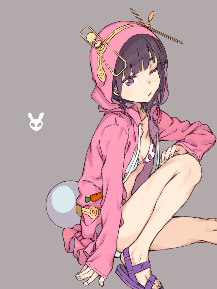 1girl black_hair breasts haimura_kiyotaka headset highres hood hood_up hooded_jacket hoodie jacket karasuma_fran looking_at_viewer official_art one_eye_closed open_clothes short_hair sleeves_past_wrists solo swimsuit swimsuit_under_clothes to_aru_majutsu_no_index to_aru_majutsu_no_index:_new_testament violet_eyes