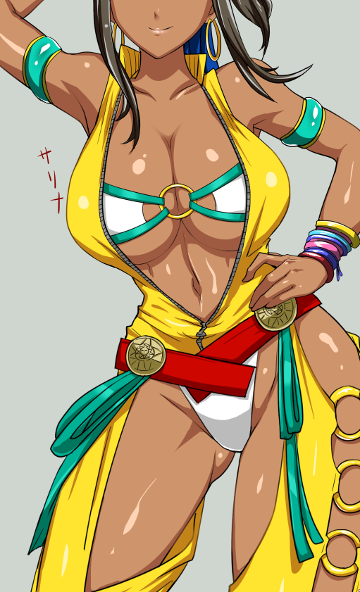 1girl bracelet breasts earrings hand_on_hip hoop_earrings jewelry large_breasts lips long_hair okyou revealing_clothes tan the_king_of_fighters zarina