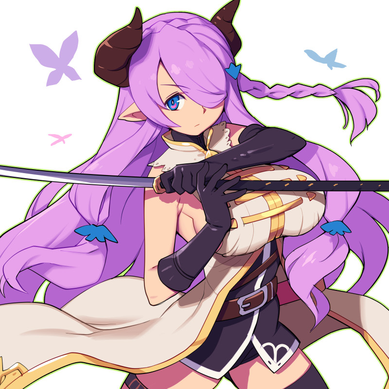 1girl asymmetrical_gloves black_gloves black_legwear blue_eyes braid breasts bug butterfly commentary_request draph elbow_gloves gloves granblue_fantasy hair_over_one_eye holding holding_sword holding_weapon horns insect katana large_breasts long_hair looking_at_viewer metata narmaya_(granblue_fantasy) pointy_ears purple_hair simple_background single_braid single_elbow_glove solo sword thigh-highs weapon white_background