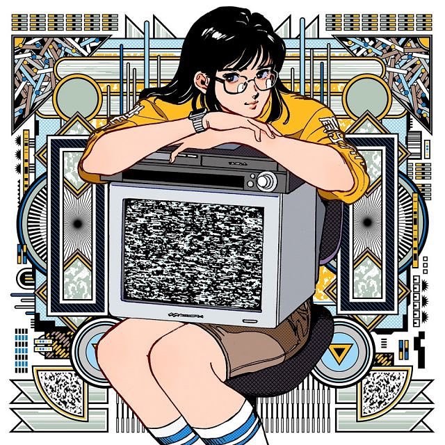 1girl abstract_background bangs black_eyes black_hair brown_shorts chair commentary_request feet_out_of_frame glasses long_hair long_sleeves original shirt shorts sitting smile socks solo static television white_legwear yellow_shirt yoshitake_yamane