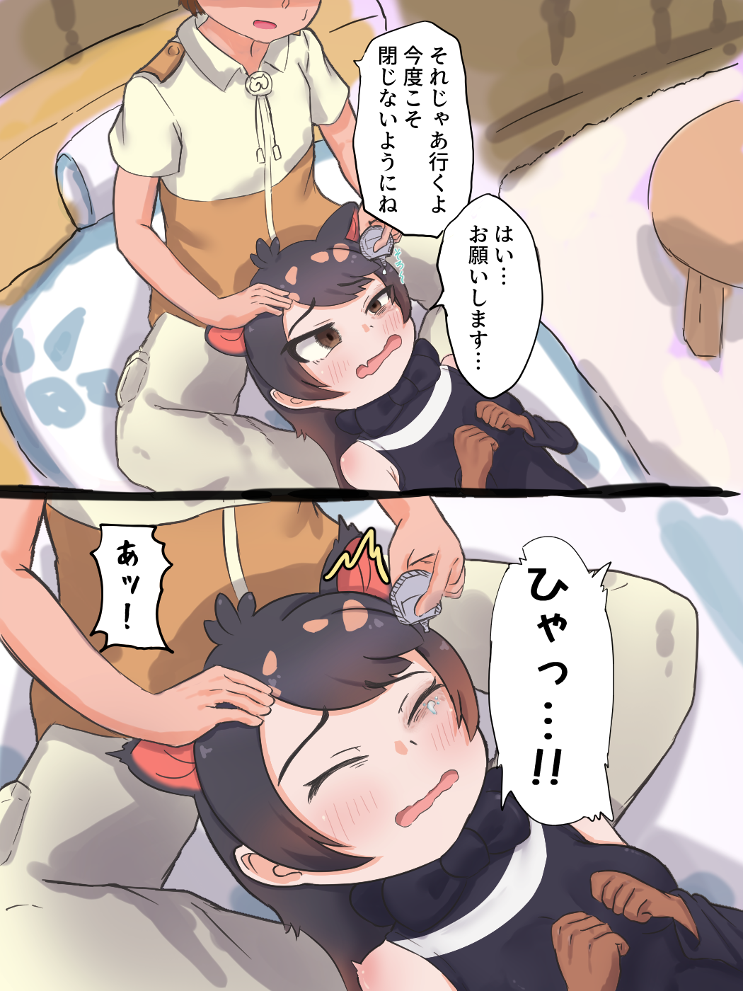 animal_ears australian_devil_(kemono_friends) commentary_request darus5 elbow_gloves eyedrops eyepatch eyepatch_removed fang gloves highres kemono_friends skin_fang sleeveless sleeves_past_wrists tasmanian_devil_ears translation_request