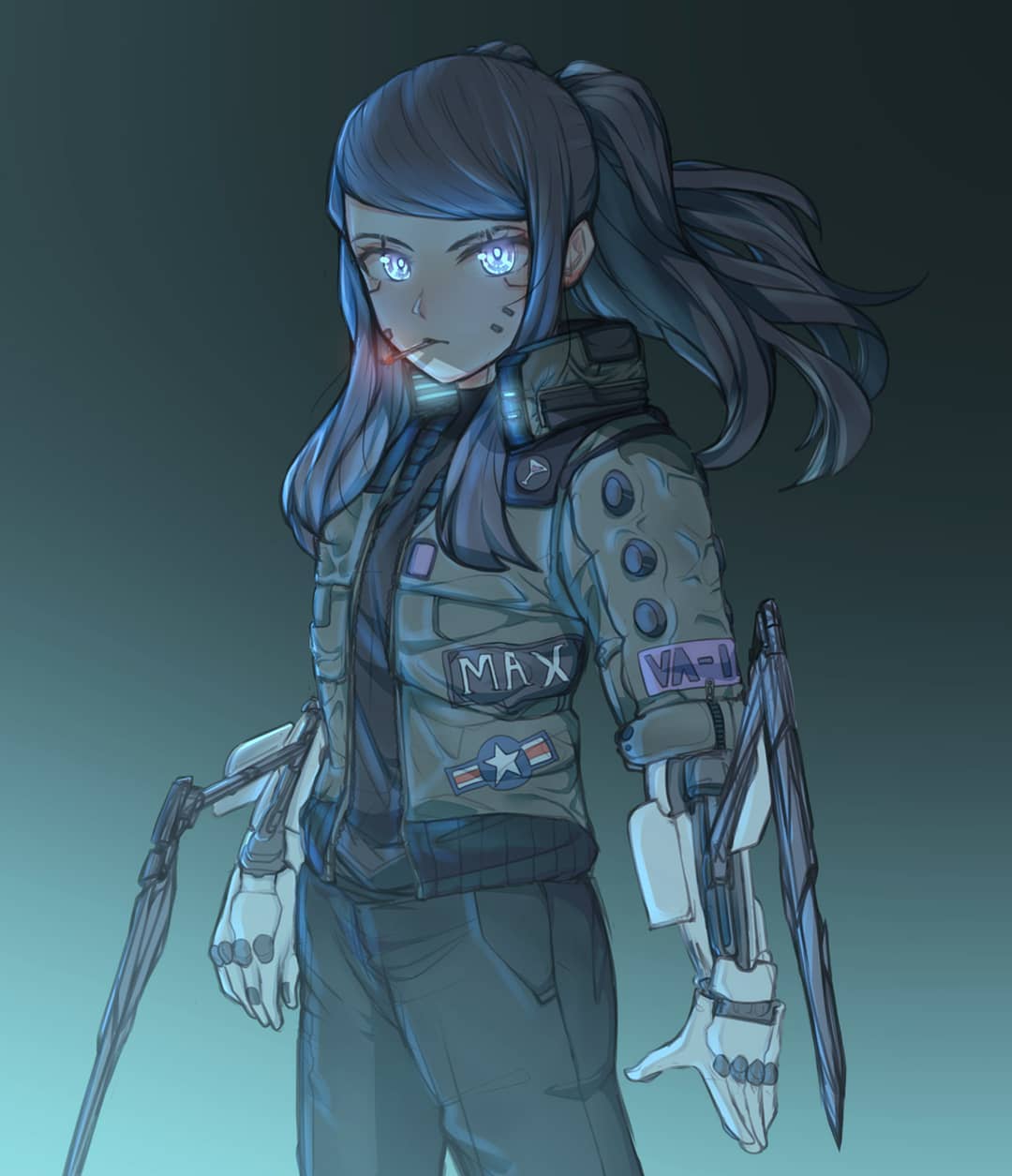 1girl arm_blade cigarette commentary crossover cyberpunk cyberpunk_2077 cyborg english_commentary flat_chest highres ichiyon jacket jill_stingray long_hair mechanical_arms pants ponytail smoking solo va-11_hall-a weapon