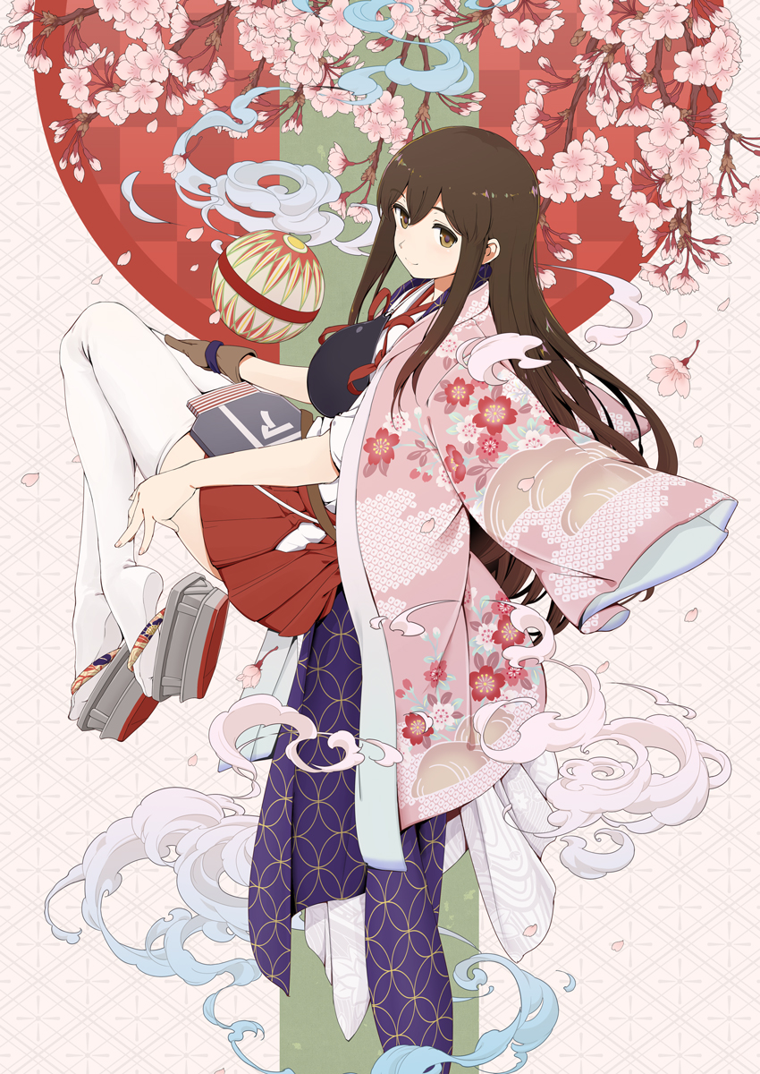 1girl aka_ringo akagi_(kantai_collection) apron ball brown_eyes brown_hair cherry_blossoms clouds flower geta gloves hakama hakama_skirt highres jacket_on_shoulders japanese_clothes kantai_collection kimono long_hair muneate partly_fingerless_gloves pink_background pink_kimono print_kimono red_hakama red_skirt sandals single_glove skirt solo straight_hair tasuki thigh-highs white_legwear yugake