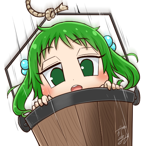 1girl avatar_icon bucket chamaji commentary eyebrows_visible_through_hair falling green_hair hair_bobbles hair_ornament in_bucket in_container kisume looking_at_viewer lowres open_mouth rope short_hair signature solo speed_lines touhou white_background wooden_bucket