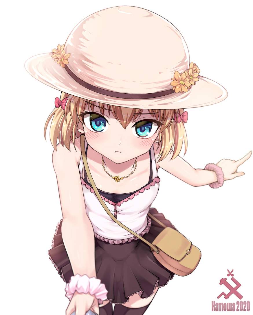 1girl :t bag bangs black_legwear black_skirt blonde_hair blue_eyes bow camisole casual commentary cowboy_shot cyrillic dated emblem eyebrows_visible_through_hair flower frown girls_und_panzer grabbing hair_bow handbag hat hat_flower jewelry kasai_shin katyusha_(girls_und_panzer) lace lace-trimmed_skirt leaning_forward looking_at_viewer miniskirt name_tag necklace pink_bow pink_scrunchie pointing pov pravda_(emblem) reaching_out russian_text scrunchie shirt short_hair simple_background skirt solo standing sun_hat thigh-highs white_background white_headwear white_scrunchie white_shirt wrist_scrunchie