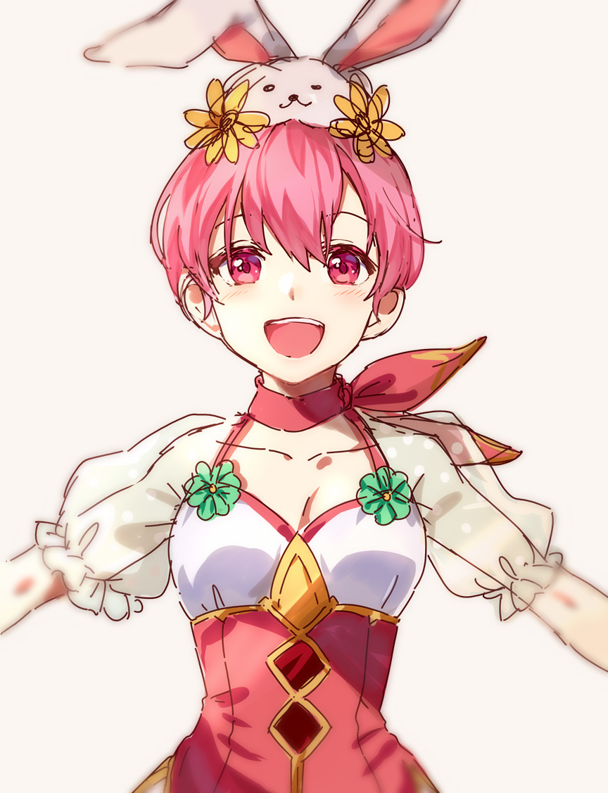 1girl animal_ears est_(fire_emblem) fake_animal_ears fire_emblem fire_emblem:_mystery_of_the_emblem fire_emblem_heroes jurge open_mouth pink_eyes pink_hair rabbit_ears see-through_sleeves short_hair simple_background solo upper_body white_background
