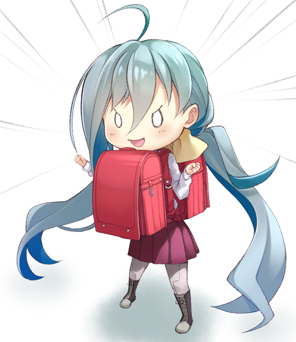 0_0 1girl ahoge backpack bag boots commentary_request cross-laced_footwear emphasis_lines full_body grey_eyes grey_hair grey_legwear hair_between_eyes hair_bun kantai_collection kiyoshimo_(kantai_collection) lace-up_boots long_hair low_twintails mofu_namako pantyhose randoseru school_uniform shirt simple_background solo standing twintails very_long_hair white_background white_shirt