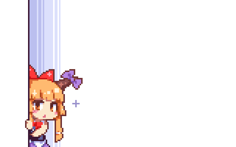 1girl blue_background bow commentary_request hair_bow horn_bow horns ibuki_suika kumamoto_(bbtonhk2) long_hair looking_at_viewer lowres peeking_out pixel_art purple_bow purple_skirt red_bow red_neckwear shirt skirt sleeveless sleeveless_shirt solo sparkle touhou upper_body