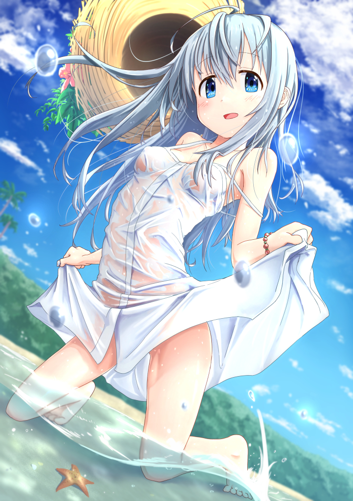 1girl ahoge bare_legs bare_shoulders barefoot blue_eyes blue_sky bracelet clouds commentary_request dress dutch_angle hat jewelry kneeling kohshibasaki light_blue_hair long_hair looking_at_viewer moe2020 no_bra original see-through shallow_water skirt_hold sky sleeveless sleeveless_dress spaghetti_strap starfish strap_slip straw_hat wet wet_clothes white_dress