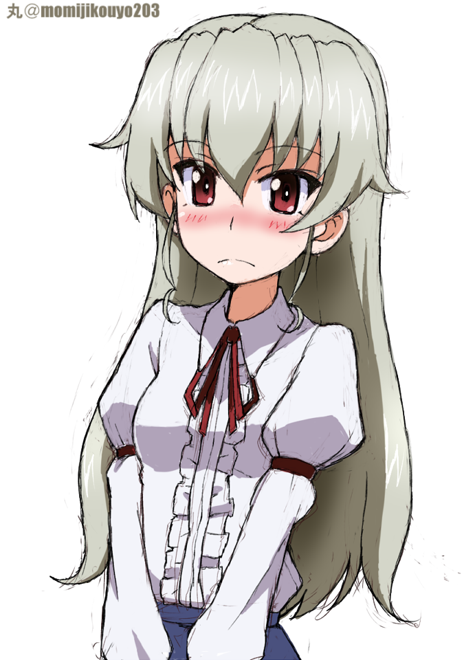 1girl alternate_costume alternate_hairstyle anchovy_(girls_und_panzer) arm_garter artist_name bangs blue_skirt blush closed_mouth collared_shirt commentary eyebrows_visible_through_hair formal frown girls_und_panzer green_hair hair_down kayabakoro long_hair looking_at_viewer maginot_school_uniform neck_ribbon red_eyes red_neckwear ribbon school_uniform shirt simple_background sketch skirt solo twintails upper_body white_background white_shirt wing_collar