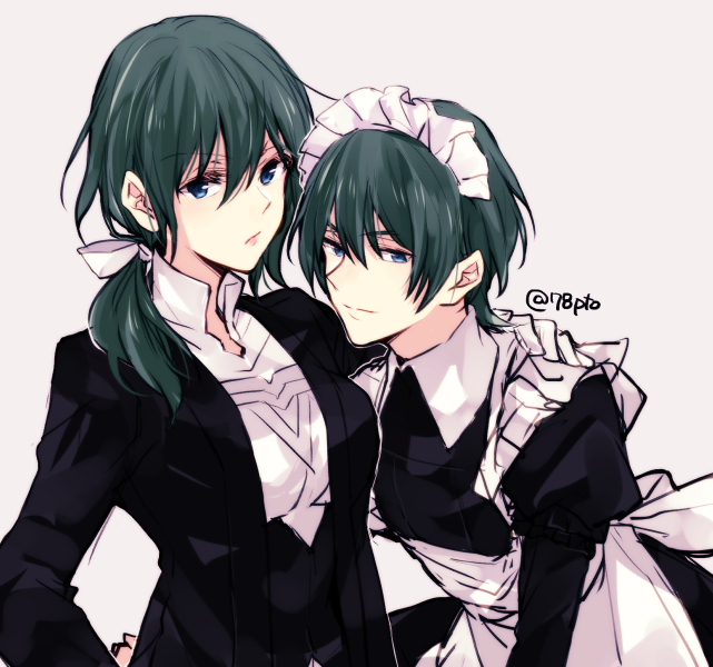 1boy 1girl blue_eyes blue_hair butler byleth_(fire_emblem) byleth_eisner_(female) byleth_eisner_(male) closed_mouth crossdressinging fire_emblem fire_emblem:_three_houses long_sleeves maid maid_headdress naho_(pi988y) short_hair simple_background twitter_username