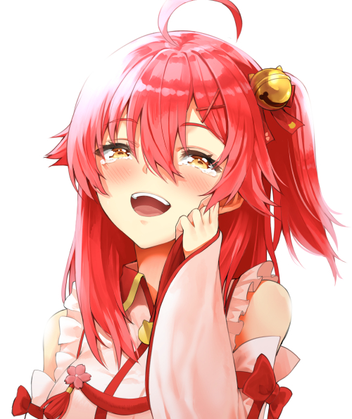 1girl ahoge bare_shoulders bell blush crying crying_with_eyes_open frills hair_bell hair_between_eyes hair_ornament hairclip hololive long_hair murata_taichi one_side_up open_mouth pink_hair sakura_miko tears tongue upper_teeth virtual_youtuber wide_sleeves yellow_eyes