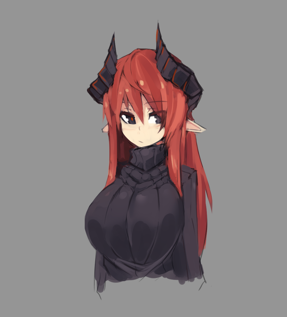 1girl :/ black_eyes breasts commentary grey_background horns large_breasts long_hair looking_at_viewer original pointy_ears red_pupils redhead ribbed_sweater simple_background solo sub-res sweater turtleneck turtleneck_sweater upper_body