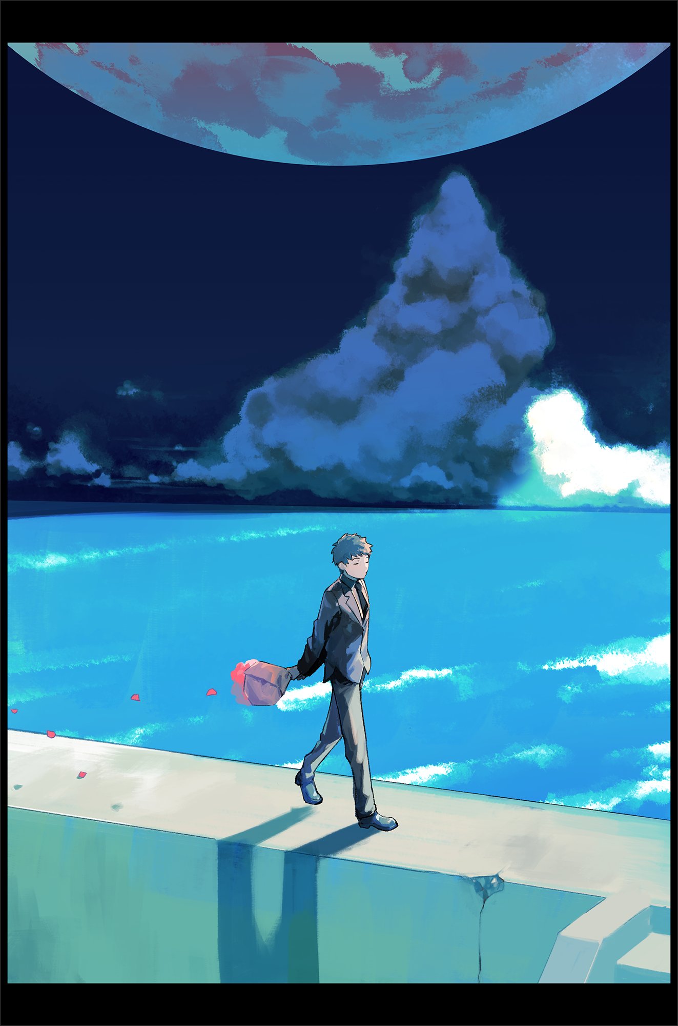 1boy aynoh black_hair black_neckwear bouquet closed_eyes clouds flower formal highres holding holding_bouquet male_focus moon necktie ocean petals pink_flower shadow solo stairs suit walking whistling