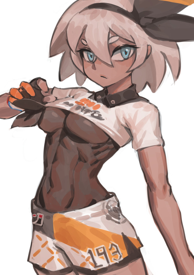 1girl abs blue_eyes bodysuit bodysuit_under_clothes breasts commentary covered_navel dark_skin english_commentary fingerless_gloves gloves grey_hair gym_leader hairband looking looking_at_viewer pokemon pokemon_(game) pokemon_swsh ribs saitou_(pokemon) shirt short_hair short_sleeves shorts solo toned white_background white_shirt zakusi