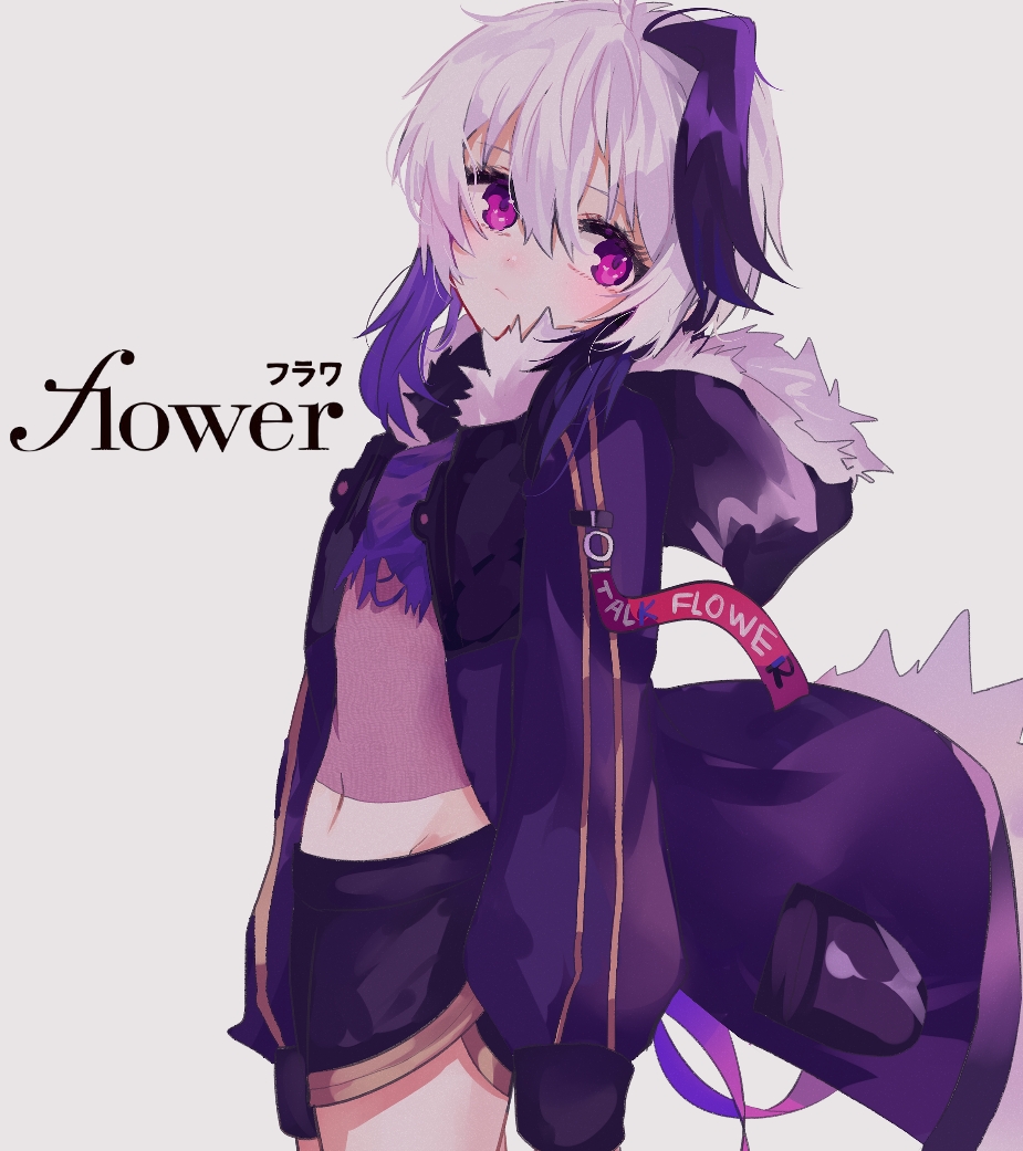 1girl belt character_name commentary cowboy_shot flower_(vocaloid) fur-trimmed_hood gloves gomiyama grey_background gynoid_talk head_tilt hood hooded_jacket jacket looking_to_the_side midriff multicolored_hair navel purple_gloves purple_hair purple_jacket short_hair_with_long_locks shorts sidelocks solo standing streaked_hair symbol_commentary v_flower_(gynoid_talk) v_flower_(vocaloid4) violet_eyes vocaloid white_hair