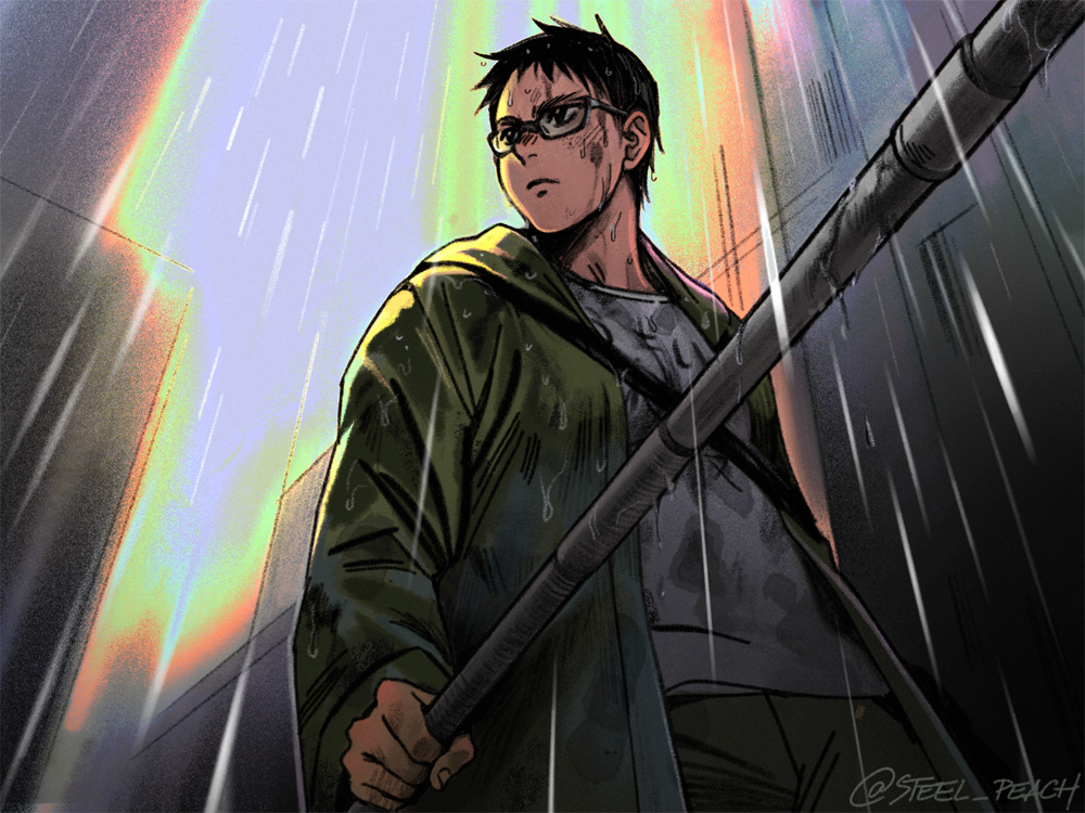 1boy agnieszka_grochalska black-framed_eyewear black_eyes black_hair building closed_mouth dorohedoro dripping glasses green_jacket holding holding_railing injury jacket male_focus outdoors railing rain solo twitter_username wet