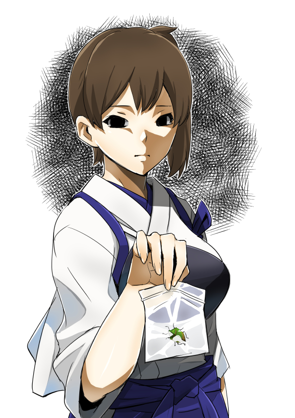 1girl bag blue_hakama breasts brown_hair commentary_request empty_eyes expressionless hakama japanese_clothes kaga_(kantai_collection) kantai_collection large_breasts muneate plastic_bag side_ponytail solo tasuki yohei_(pizzadev)
