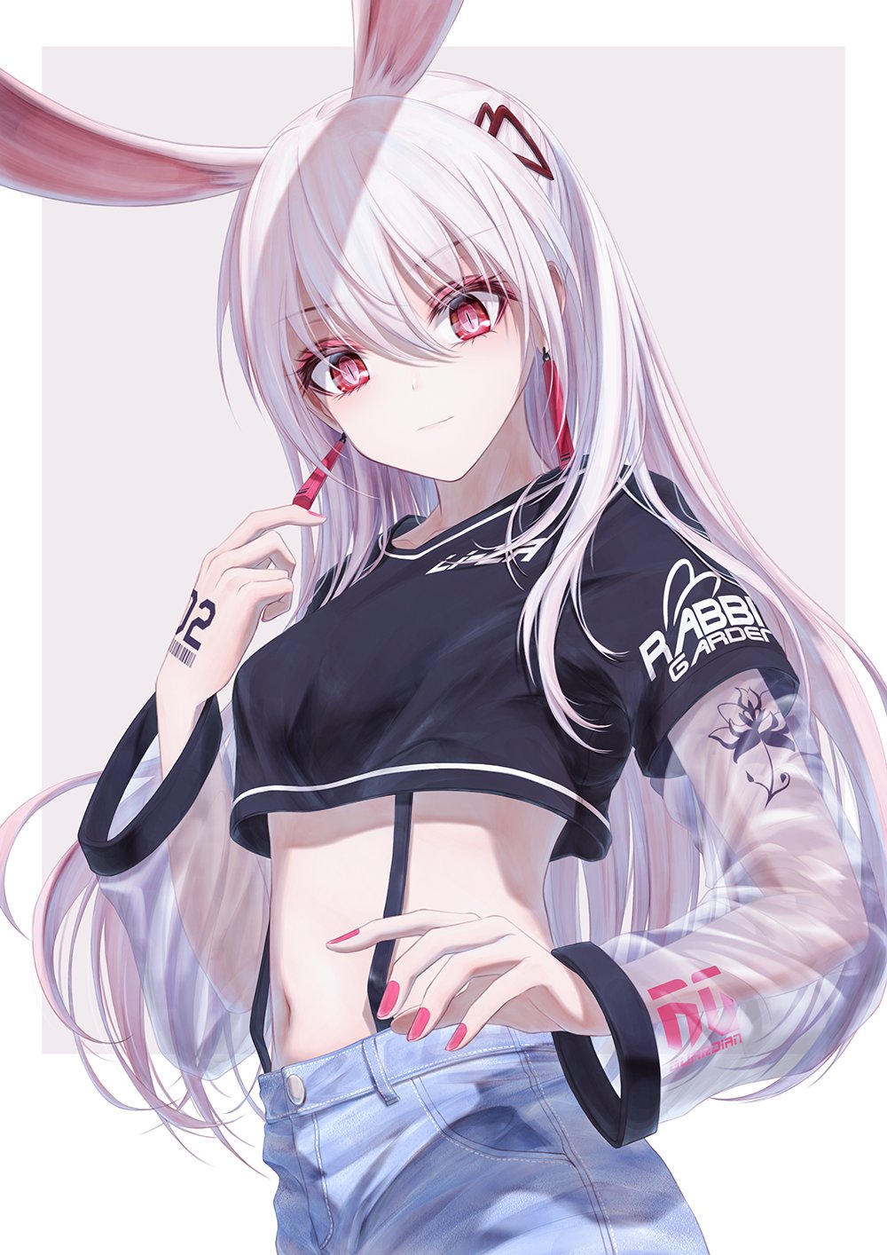 1girl animal_ears bae.c black_shirt blue_shorts breasts bunny_girl buttons closed_mouth clothes_writing crop_top crop_top_overhang denim denim_shorts earrings grey_background hair_between_eyes hair_ornament hand_up highres jewelry lirin_(bae.c) long_hair long_sleeves looking_at_viewer medium_breasts midriff nail_polish navel original pink_nails rabbit_ears red_eyes see-through_sleeves shirt shorts shoulder_tattoo slit_pupils solo stomach suspenders tattoo two-tone_background upper_body white_hair