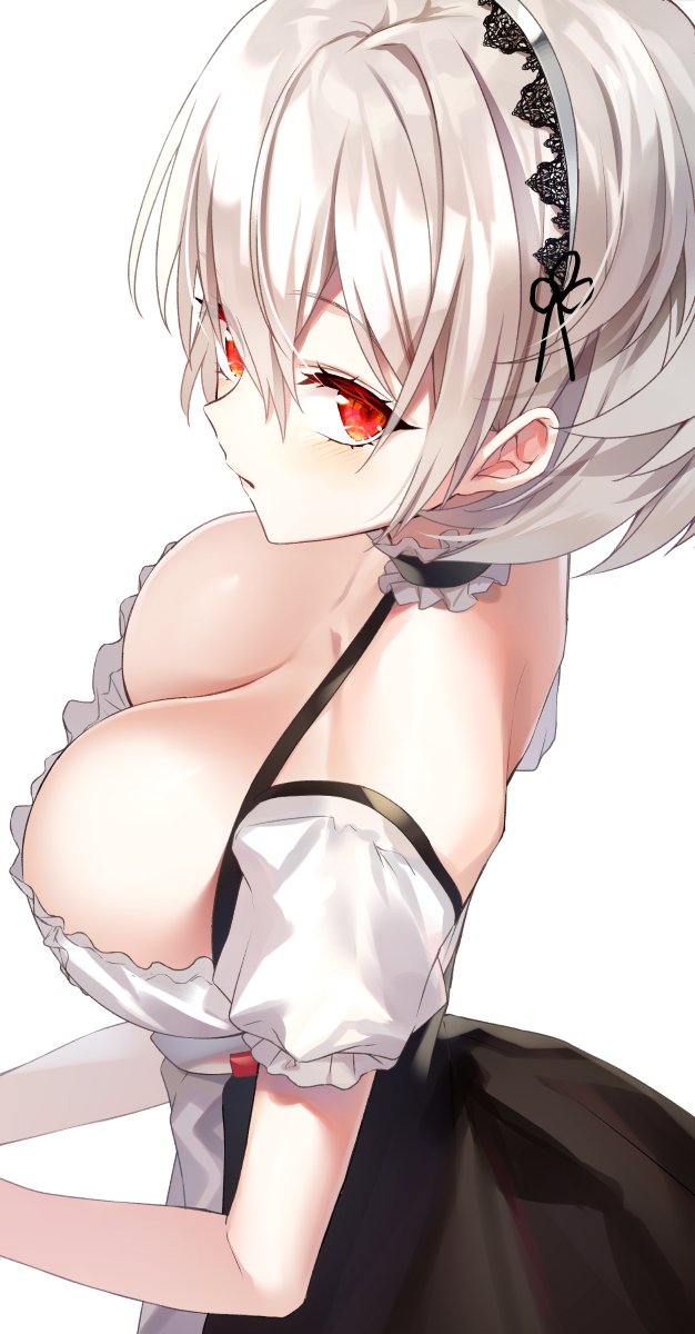1girl apron azur_lane bare_back bare_shoulders breasts chacha_xxxxxx collarbone hairband highres large_breasts looking_at_viewer maid maid_apron maid_dress red_eyes short_hair silver_hair sirius_(azur_lane) solo white_background