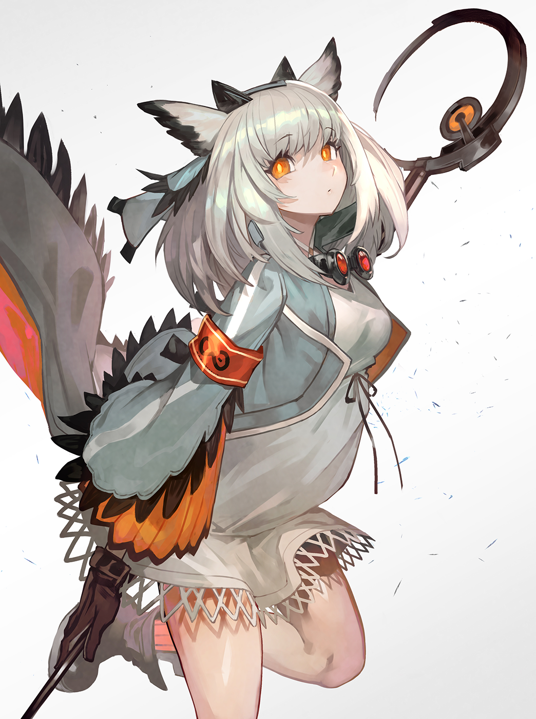 1girl animal_ears arknights bangs blush boots breasts brown_gloves eyebrows_visible_through_hair gloves goggles goggles_around_neck highres jacket lack long_hair ptilopsis_(arknights) simple_background solo staff yellow_eyes