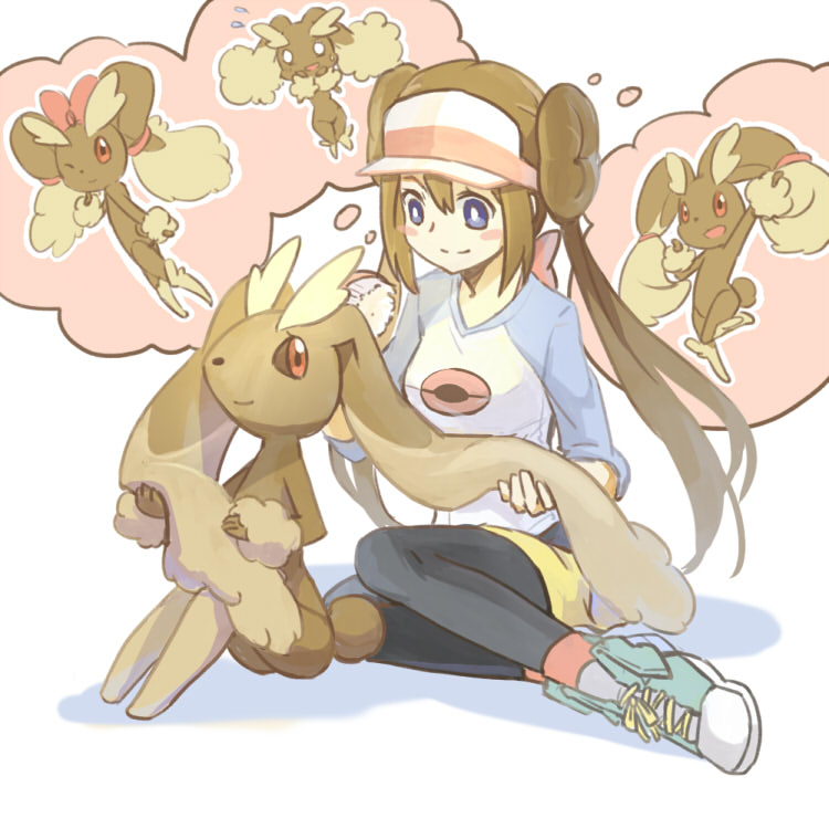 1girl blush_stickers brown_eyes creature double_bun eye_contact gen_4_pokemon hair_between_eyes happy legs_together long_hair looking_at_another looking_at_viewer lopunny mei_(pokemon) one_eye_closed pokemon pokemon_(creature) pokemon_(game) pokemon_bw2 pose ribbon shiro_q~ shoelaces shoes sidelocks sitting smile sneakers thinking thought_bubble twintails violet_eyes