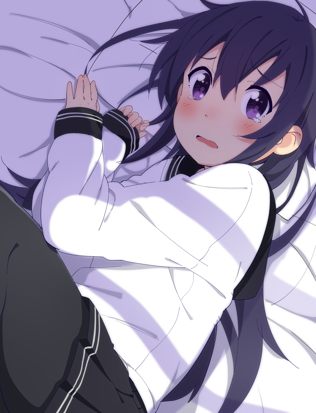 1girl akatsuki_(kantai_collection) bed_sheet black_legwear black_sailor_collar black_skirt blush eyebrows_visible_through_hair hair_between_eyes highres jabittoson kantai_collection long_hair long_sleeves no_hat no_headwear open_mouth pantyhose pillow pleated_skirt purple_hair sailor_collar school_uniform serafuku skirt solo tears violet_eyes