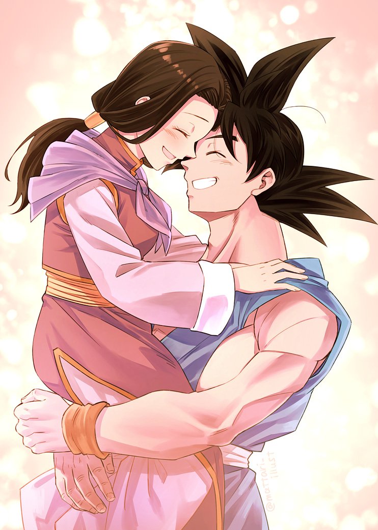 1boy 1girl :d ^_^ black_hair carrying chi-chi_(dragon_ball) china_dress chinese_clothes clenched_teeth closed_eyes closed_mouth couple dougi dragon_ball dragon_ball_z dress eyelashes fingernails forehead-to-forehead gradient gradient_background hands_on_another's_shoulders happy hetero husband_and_wife long_sleeves low_ponytail mattari_illust muscle neckerchief open_mouth pink_background pink_dress ponytail profile purple_neckwear shiny shiny_hair simple_background smile son_gokuu spiky_hair teeth twitter_username upper_body white_background wide_sleeves wristband