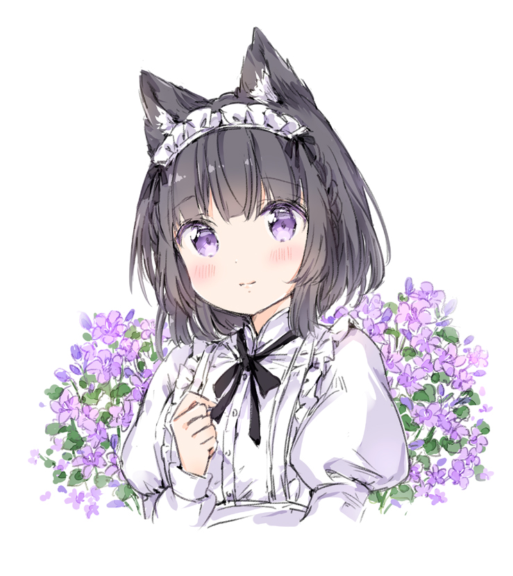 1girl animal_ear_fluff animal_ears bangs black_bow black_hair blush bow braid cat_ears closed_mouth commentary_request cropped_torso eyebrows_visible_through_hair flower hand_up juliet_sleeves long_sleeves looking_at_viewer maid_headdress original puffy_sleeves purple_flower shirt smile solo upper_body violet_eyes wataame27 white_background white_shirt