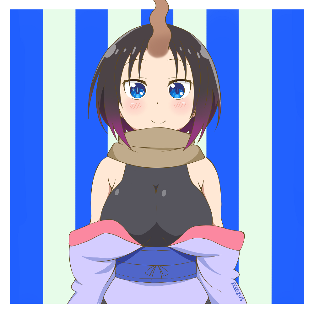 1girl artsy-rc blue_eyes blue_sash blush border breasts brown_scarf closed_mouth commentary dot_nose elma_(maidragon) english_commentary gradient_hair horn kobayashi-san_chi_no_maidragon large_breasts looking_at_viewer multicolored_hair obi off-shoulder_kimono purple_hair sash scarf signature slit_pupils smile solo striped striped_background upper_body white_border