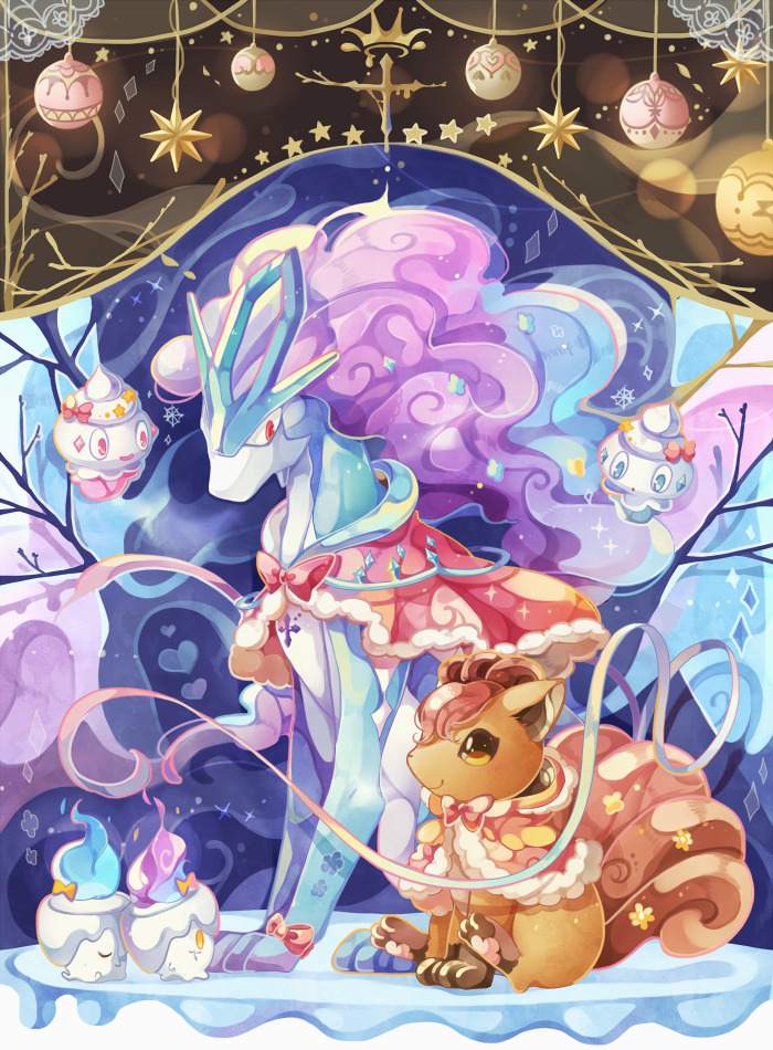 alternate_color blue_fire cape chaloc7 christmas christmas_ornaments closed_eyes commentary commentary_request fire floating gen_1_pokemon gen_2_pokemon gen_5_pokemon litwick pink_eyes pokemon purple_fire red_eyes ribbon shiny_pokemon sleeping suicune vanillite vulpix