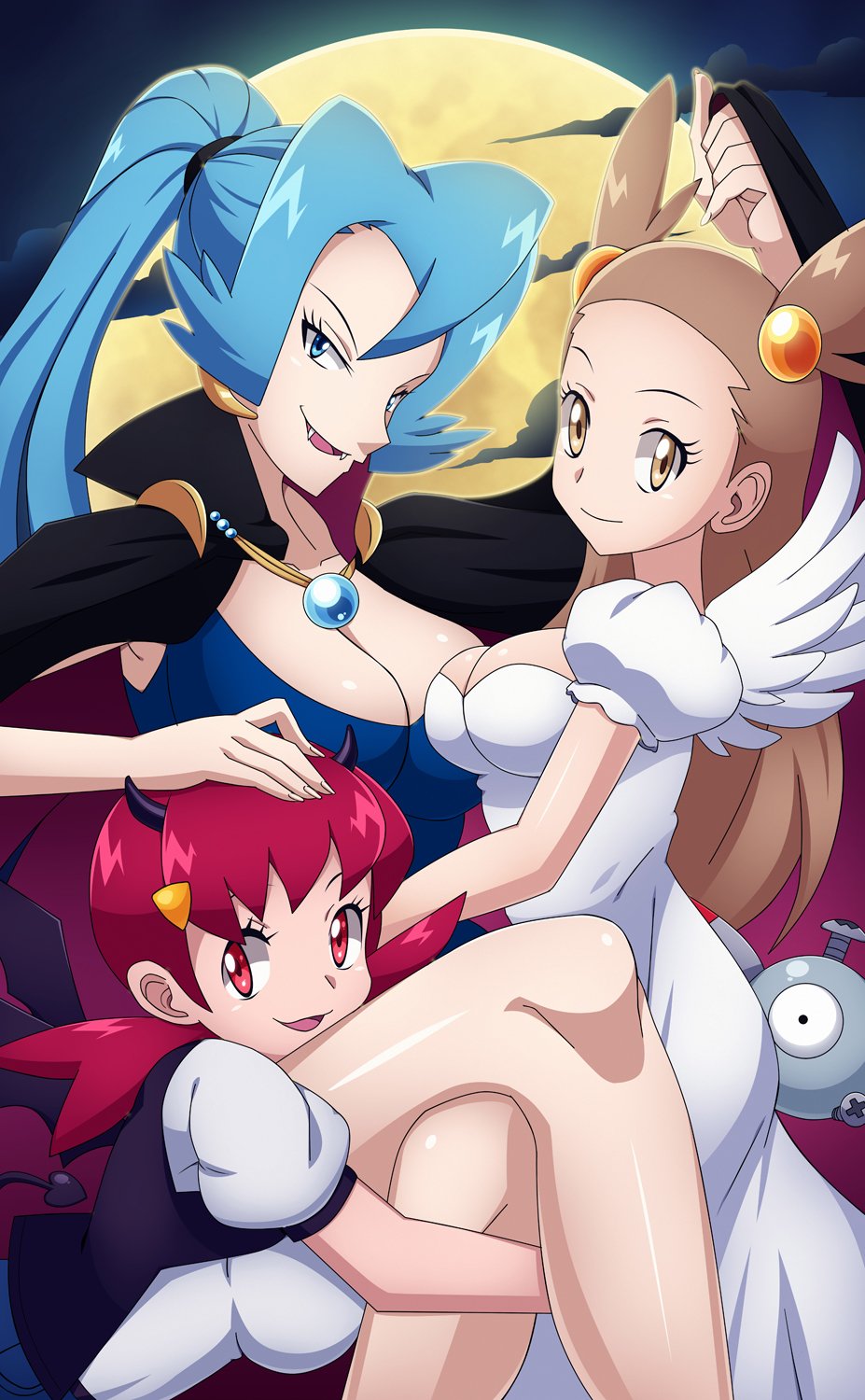 3girls akane_(pokemon) angel angel_and_devil angel_wings bare_arms bare_legs bat_wings black_wings blue_eyes blue_hair breasts brown_eyes brown_hair cape clouds crossed_legs demon_girl demon_horns demon_tail demon_wings dress eyelashes fangs feathered_wings fingernails full_moon gym_leader hair_ornament halloween halloween_costume high_ponytail highres horns ibuki_(pokemon) jewelry juliet_sleeves long_hair long_ponytail long_sleeves magnemite mikan_(pokemon) mini_wings moon multiple_girls necklace poke_ball pokemon pokemon_(game) pokemon_hgss ponytail puffy_sleeves red_eyes redhead short_sleeves short_twintails sitting smile standing tail twintails vampire vivivoovoo white_dress white_wings wings