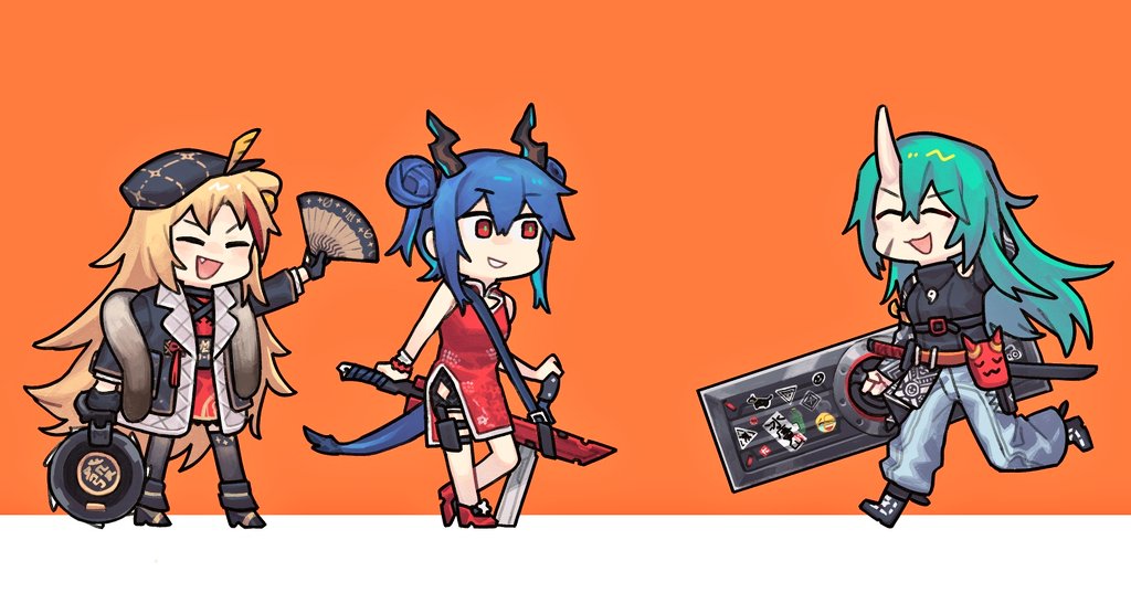 3girls alternate_costume arknights blue_hair boots ch'en_(arknights) china_dress chinese_clothes closed_eyes double_bun dragon_horns dragon_tail dress green_hair horns hoshiguma_(arknights) jacket multiple_girls oni_horns swire_(arknights) sword tail vento weapon
