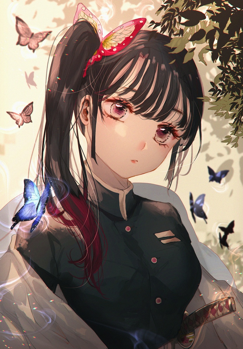 1girl bangs black_hair blurry blurry_background butterfly_hair_ornament commentary_request day depth_of_field expressionless hair_ornament haori head_tilt high_collar highres japanese_clothes kimetsu_no_yaiba leaf lens_flare light_trail looking_at_viewer majamari outdoors pink_eyes sheath sheathed short_hair side_ponytail solo standing sword tsuyuri_kanao uniform upper_body weapon