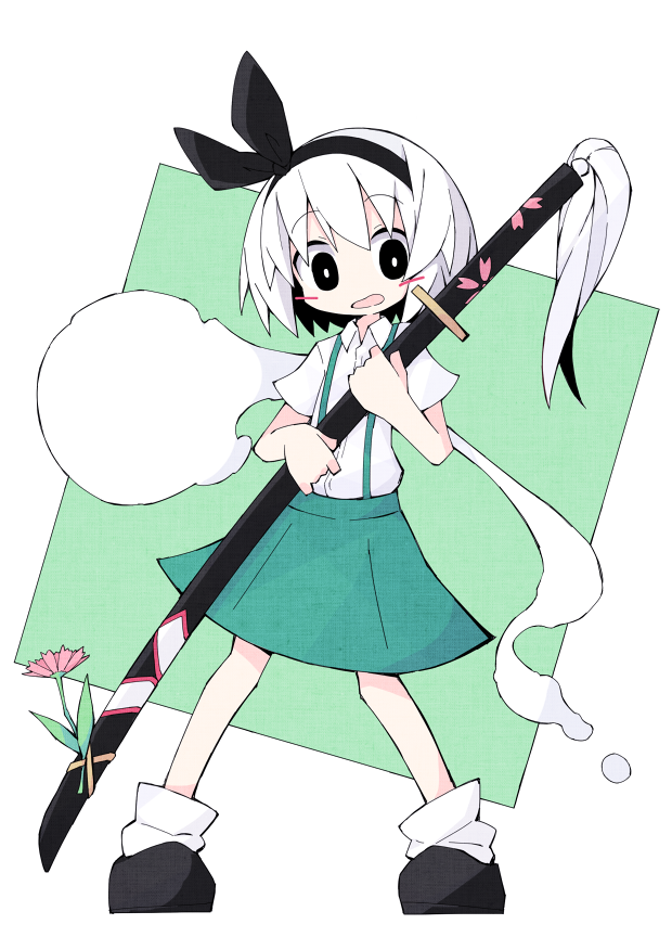 1girl asameshi black_eyes black_footwear black_hairband black_ribbon blush_stickers bright_pupils commentary flower full_body green_background green_skirt hair_ribbon hairband holding holding_sword holding_weapon katana konpaku_youmu konpaku_youmu_(ghost) loose_socks open_mouth ribbon shirt shoes short_hair short_sleeves skirt suspenders sword tassel touhou weapon white_hair white_legwear white_pupils white_shirt