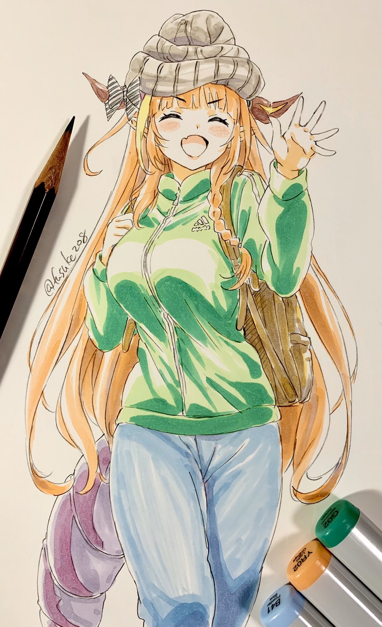 1girl adidas backpack bag bangs beanie blonde_hair blue_pants blunt_bangs blush_stickers bow braid breasts closed_eyes cowboy_shot dragon_horns dragon_tail eyebrows_visible_through_hair fang fuusuke_(fusuke208) green_jacket grey_headwear hand_on_own_chest hat highres hololive horn_bow horns jacket kiryuu_coco large_breasts long_hair long_sleeves looking_at_viewer marker marker_(medium) multicolored_hair open_mouth orange_hair pants pencil photo side_braid simple_background smile solo tail traditional_media twitter_username two-tone_hair waving white_background zipper